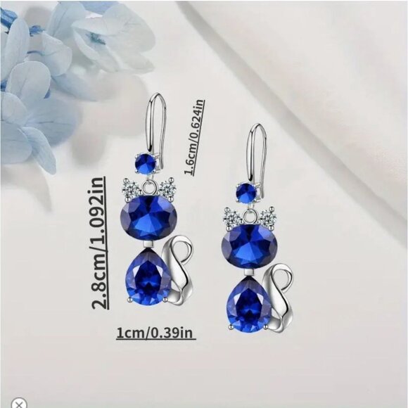 Cobalt Blue glass Cat Earrings With Crystals - Silver Finish - Drop Dangle Desig - Picture 2 of 2